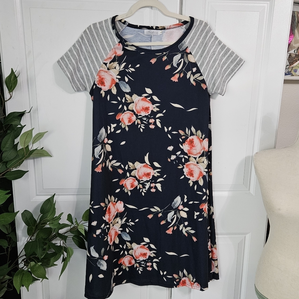Floral Dress with Striped Sleeves